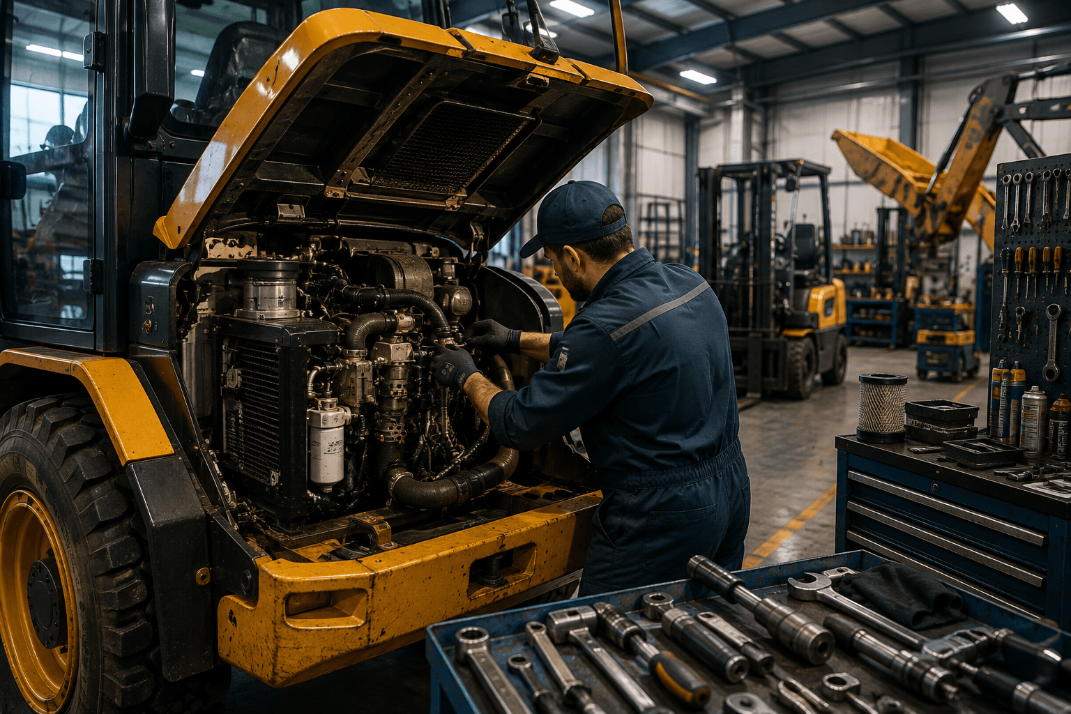 Mecânico fazendo manutenção no motor de uma máquina pesada em oficina, com bancada de ferramentas e empilhadeira ao fundo