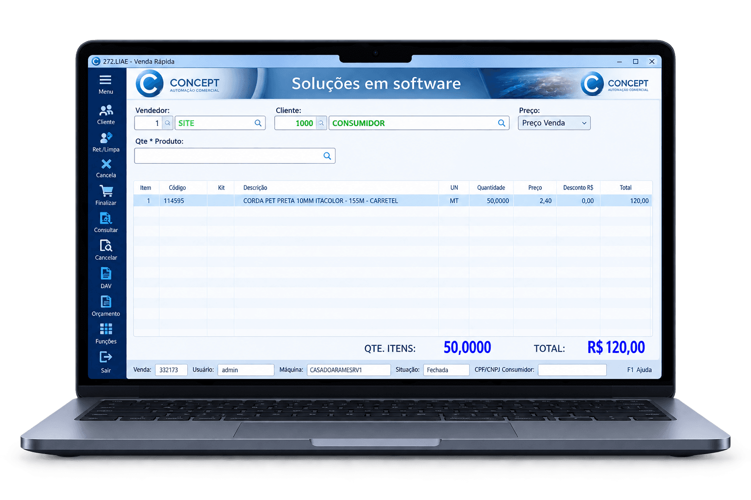 Notebook exibindo a tela de venda rápida do Runflex, com vendedor, cliente, item da venda e o total